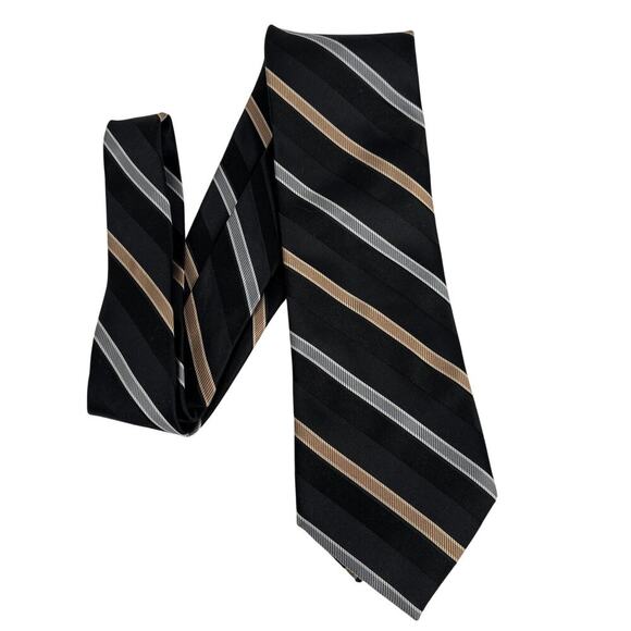 Marshall Fields Silk Tie Black with Silver Gold Repp Stripes 3.75" x 60" Inches - Picture 1 of 7